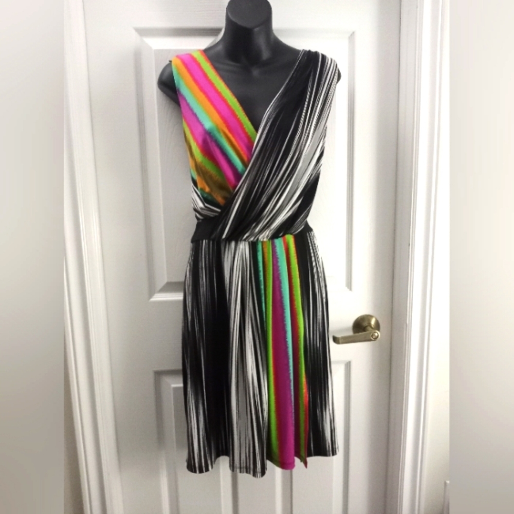 Maggy London Black & Neon Multicolor Striped Wrap Dress